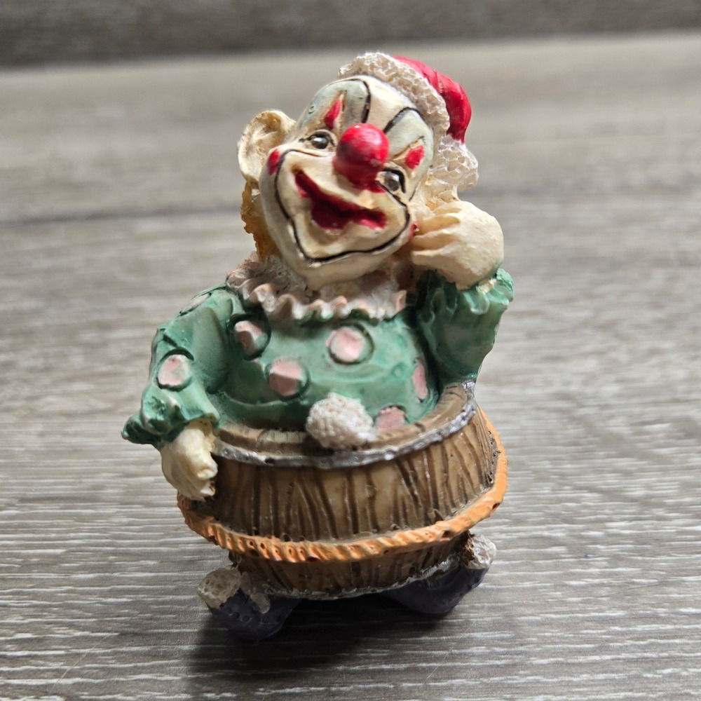 Vintage Hand Painted Clown Figurine Barrel Circus Carnival Green Polka Dot Decor